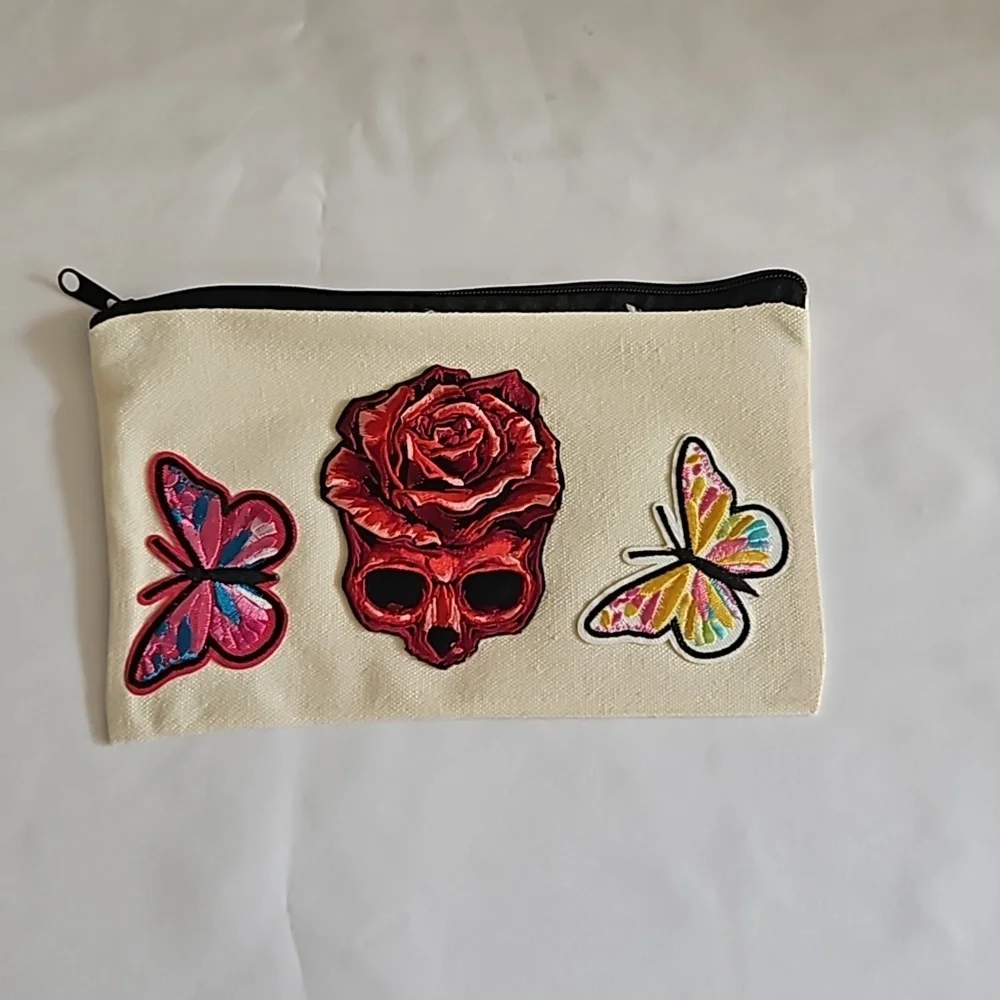 Hand Crafted embroidered bag red skull multicolored butterflies red rose rustic